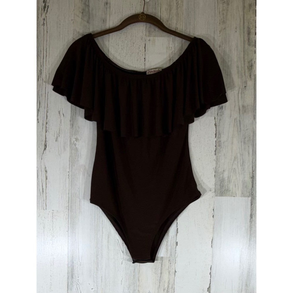Madrag Bodysuit Large Brown Off the Shoulder Ruffle Sleeve Snap Bottom READ